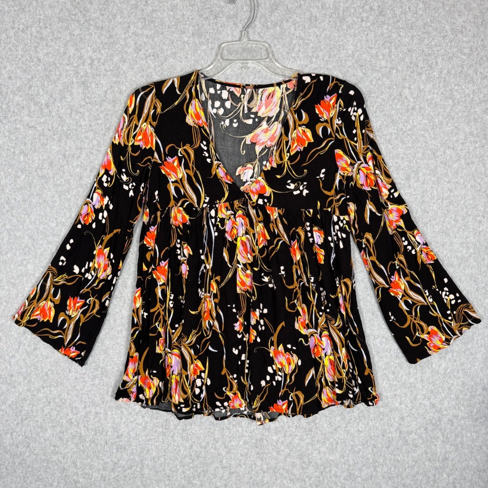 Free People Bella Black Floral Print V Neck Babydoll Peasant Blouse Tunic Top XS